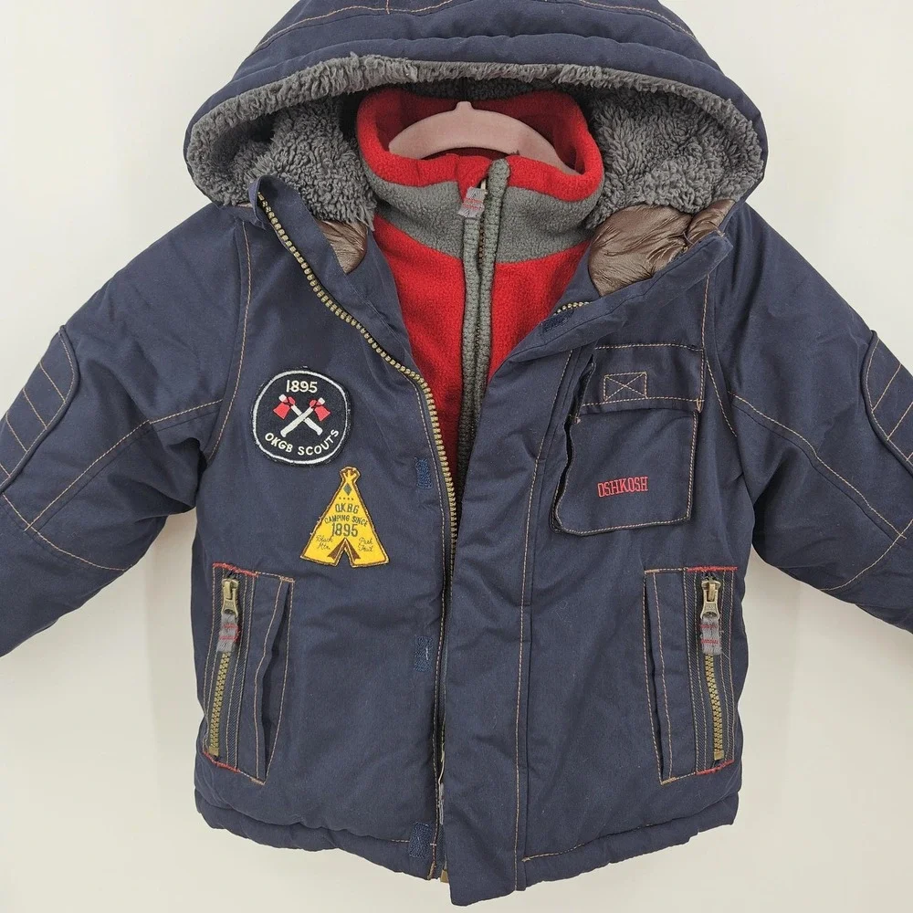 OshKosh B'gosh Jacket Boys 4 Navy Hooded Fleece Lined Parka Patches B213JS2-SA‎